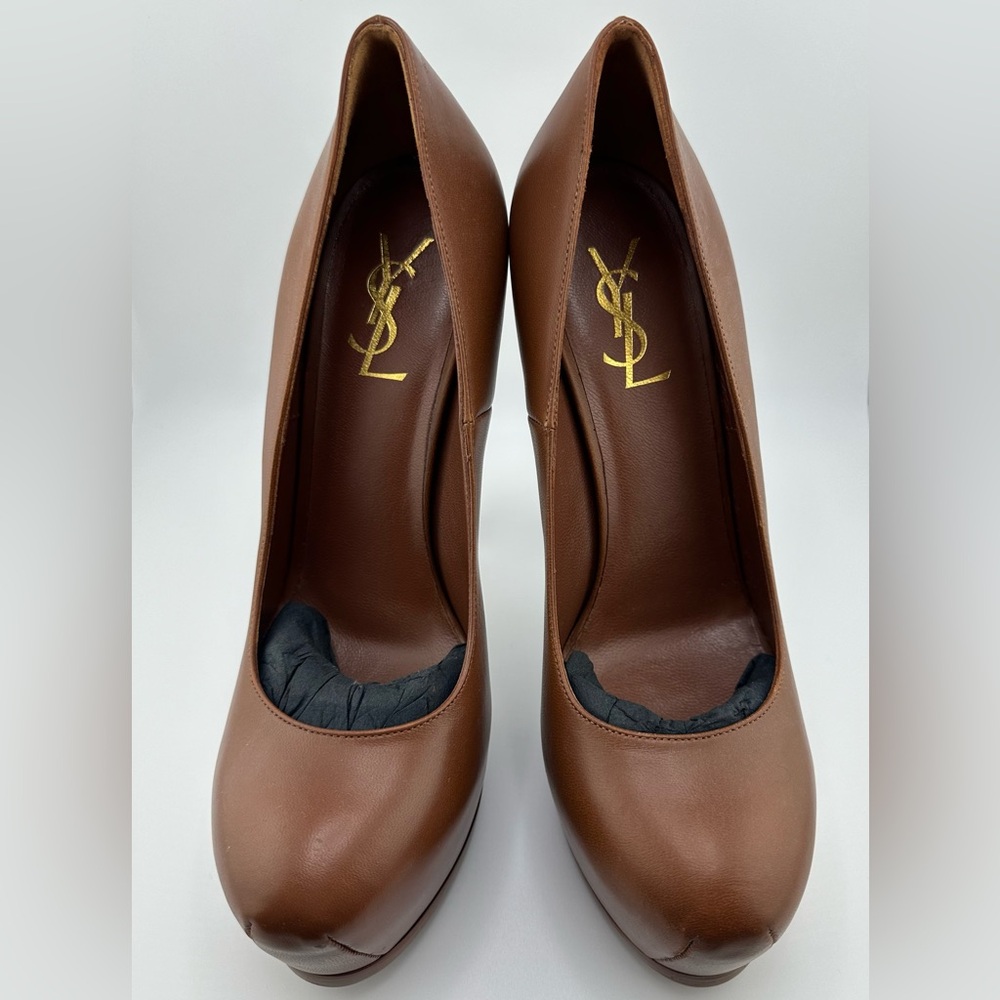 YSL SAINT LAURENT $795 TRIBTOO LEATHER PUMPS SHOES EU 40 US 10 ITALY COGNAC NEW!